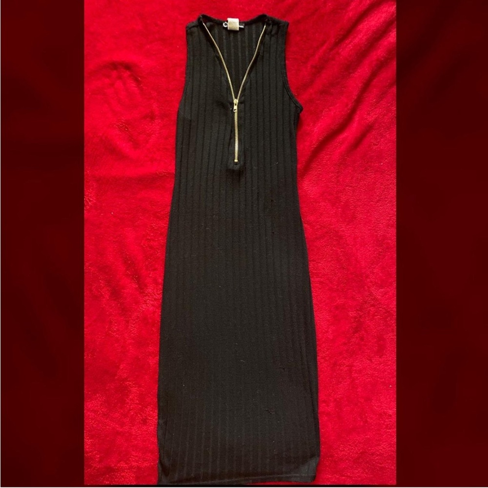 Cleo Black Sleeveless Midi Dress with Gold Zipper